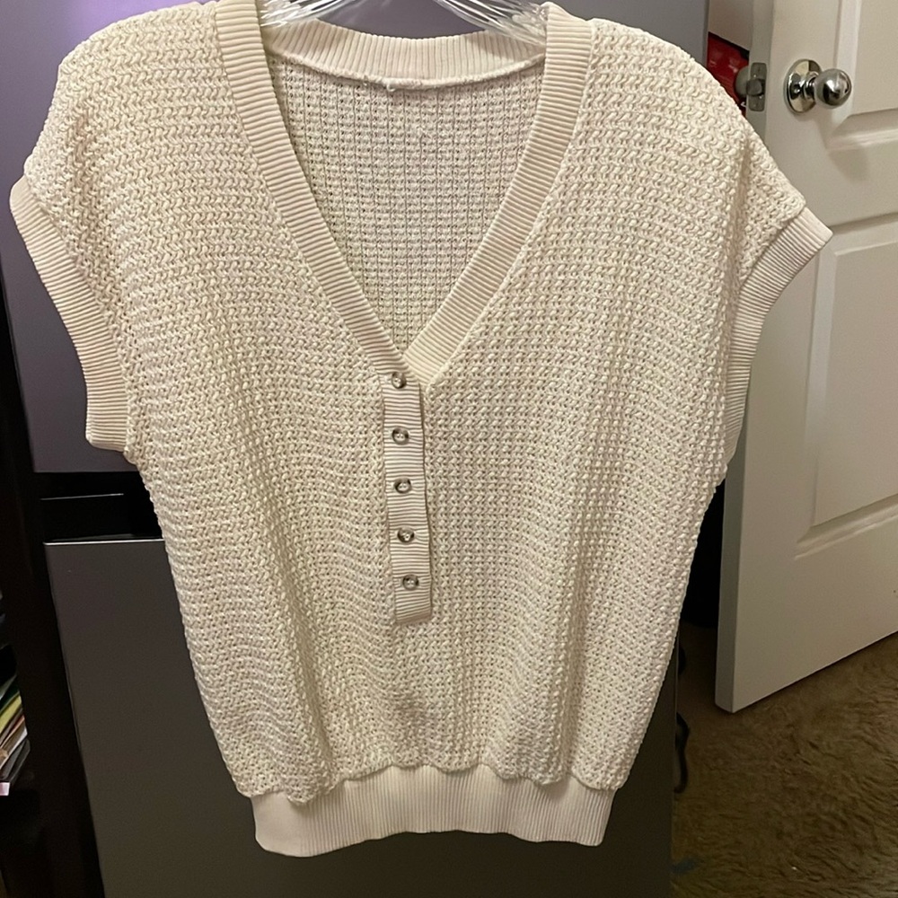 Crochet White  Button Short Sleeve Top